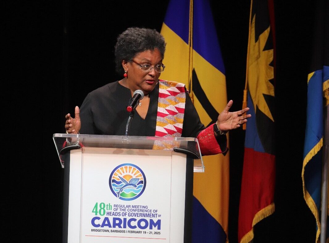 Opening - PM Mottley gestures at podium