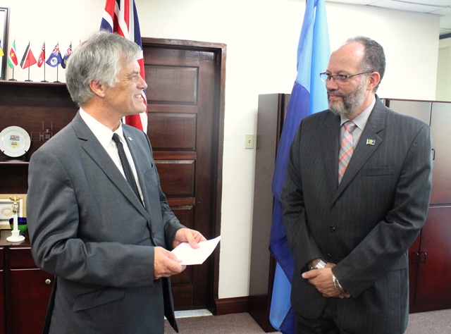 His Excellency John Pilbeam, AUstralian envoy to CARICOM and Ambassador Irwin LaRocque, CARICOM Secretary-General, during the Accreditation Ceremony