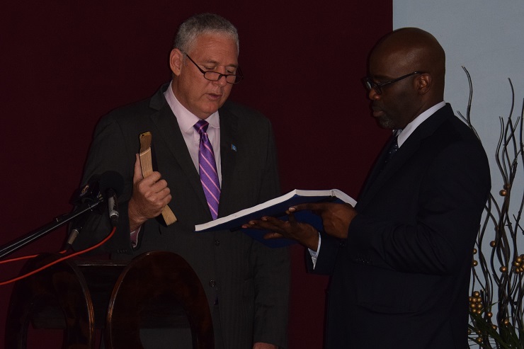 Prime Minister Allen Chastanet takes the oath of office the day after his UWP won general elections.