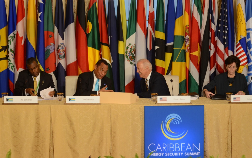 CARICOM Chairman, Prime Minister of the Commonwealth of The Bahamas the Rt. Hon. Perry Christie, (2nd left), shares a light moment with Vice-President of the United States Joe Biden at the Caribbean Energy Security Summit, January 26, in Washington,