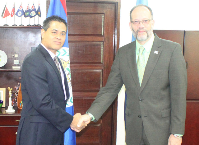 CARICOM Secretary-General Ambassador Irwin LaRocque (right) welcomes new Belize Ambassador to CARICOM H.E. Daniel Gutierez.