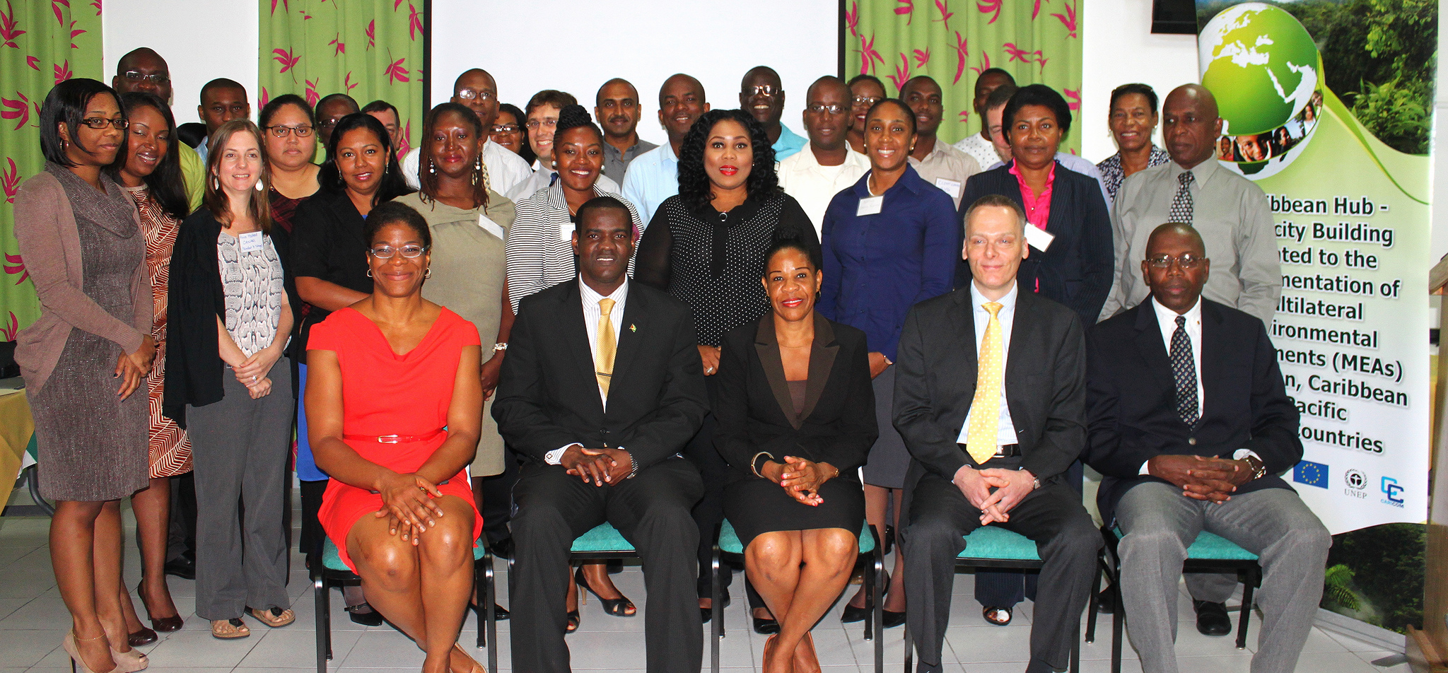 Seated from left are Dr. Therese Yarde, Project Coordinator from the Sustainable Development Unit at the CARICOM Secretariat, Mr. Troy Torrington, Minister Counsellor, Permanent Mission of Guyana to the UN, Ms. Hildred Simpson, Permanent Secretary in