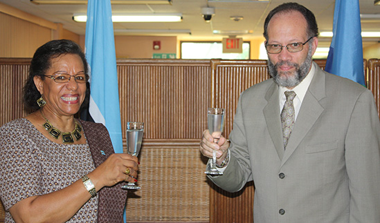 First Plenipotentiary Representative of Botswana to the Caribbean Community (CARICOM), Her Excellency Bernadette Rathedi, shares a toast with Ambassador Irwin LaRocque, CARICOM Secretary General, after she presented her credentials to him at the CARI