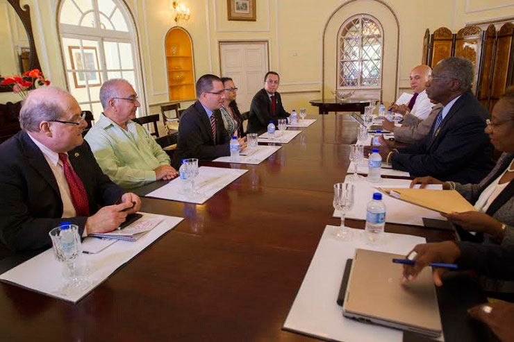 ARICOM chairman, Barbados Prime Minister Freundel Stuart (sitting right, at centre) told Venezuela&rsquo;s vice president Jorge Arreaza (directly opposite Stuart) that Barbados and CARICOM said that Barbados stand by Guyana as that country seeks the