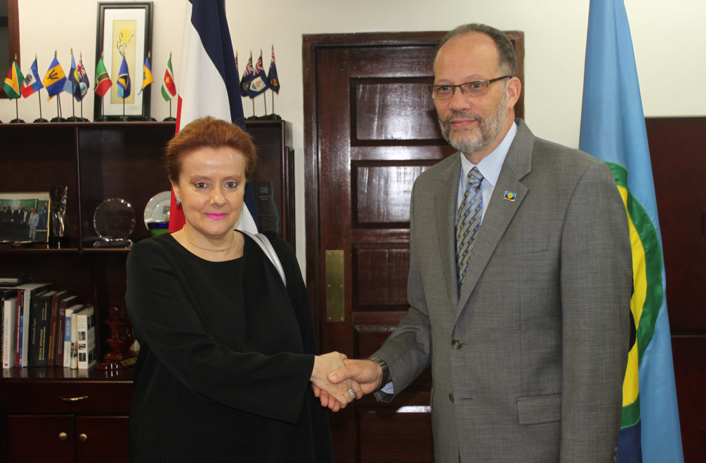 CARICOM Secretary-General, Ambassador Irwin LaRocque greets Costa Rica&rsquo;s first Ambassador to CARICOM Ms Lydia Peralta