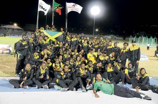 Members of Jamaica&rsquo;s Carifta Games squad at the end of the 44th edition inside the Kim Collins Stadium in Basseterre, St Kitts-Nevis (Photo: Collin Reid courtesy of Supreme Ventures and Courts)