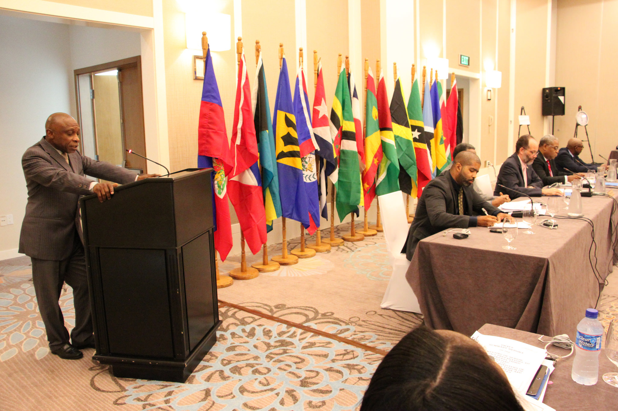 Hon. Carl B. Greenidge, Vice President and Minister of Foreign Affairs, Guyana during his brief remarks at the opening session of the meeting at the Marriott Hotel, Georgetown, Guyana, 17 March, 2016.