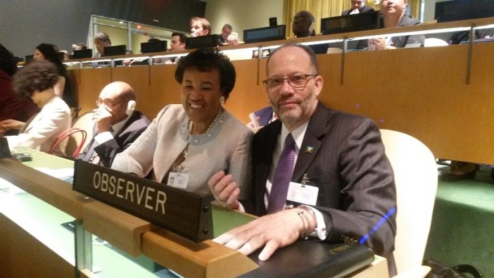CARICOM Secretary-General Ambassador Irwin LaRocque (right) and Commonwealth Secretary-General Baroness Patricia Scotland at the Special Signing Ceremony for the Paris Climate Change Agreement at UN Headquarters today.