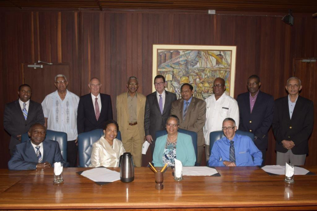 CAPTION: (Backrow, L-R) Dr. Justin Ram, Director of Economics, CDB; Minister of Agriculture, Noel Holder; Andrew Dupigny, Director of Projects (Ag), CDB; President of Guyana, His Excellency Brigadier David Granger; CDB President, Dr. William Warren S