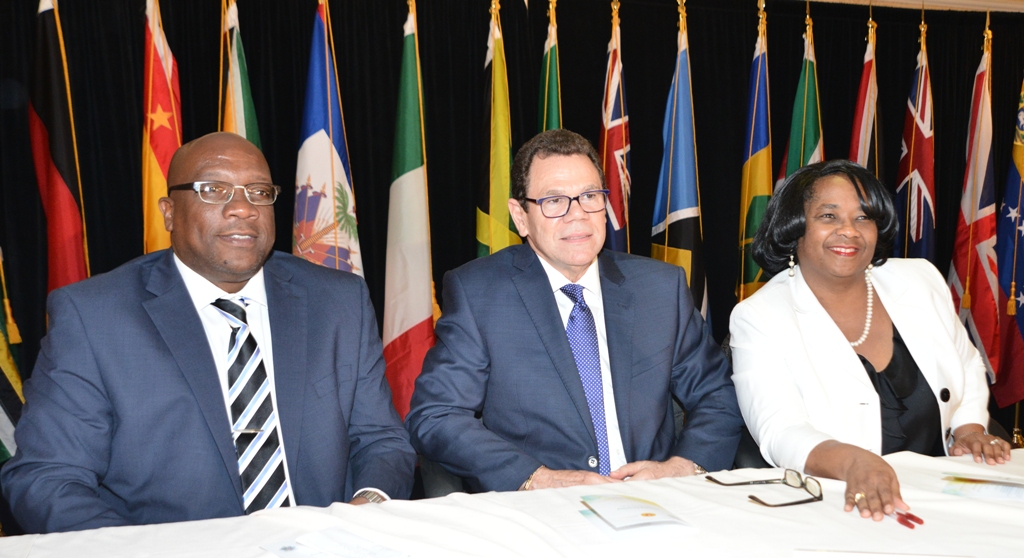 (From left) Prime Minister of St. Kitts and Nevis and Chairman of CDB Dr. the Honourable Timothy Harris, President of CDB Dr. Warren Smith and Vice President of Corporate Services and CDB Secretary Mrs. Yvette Lemonias Seale