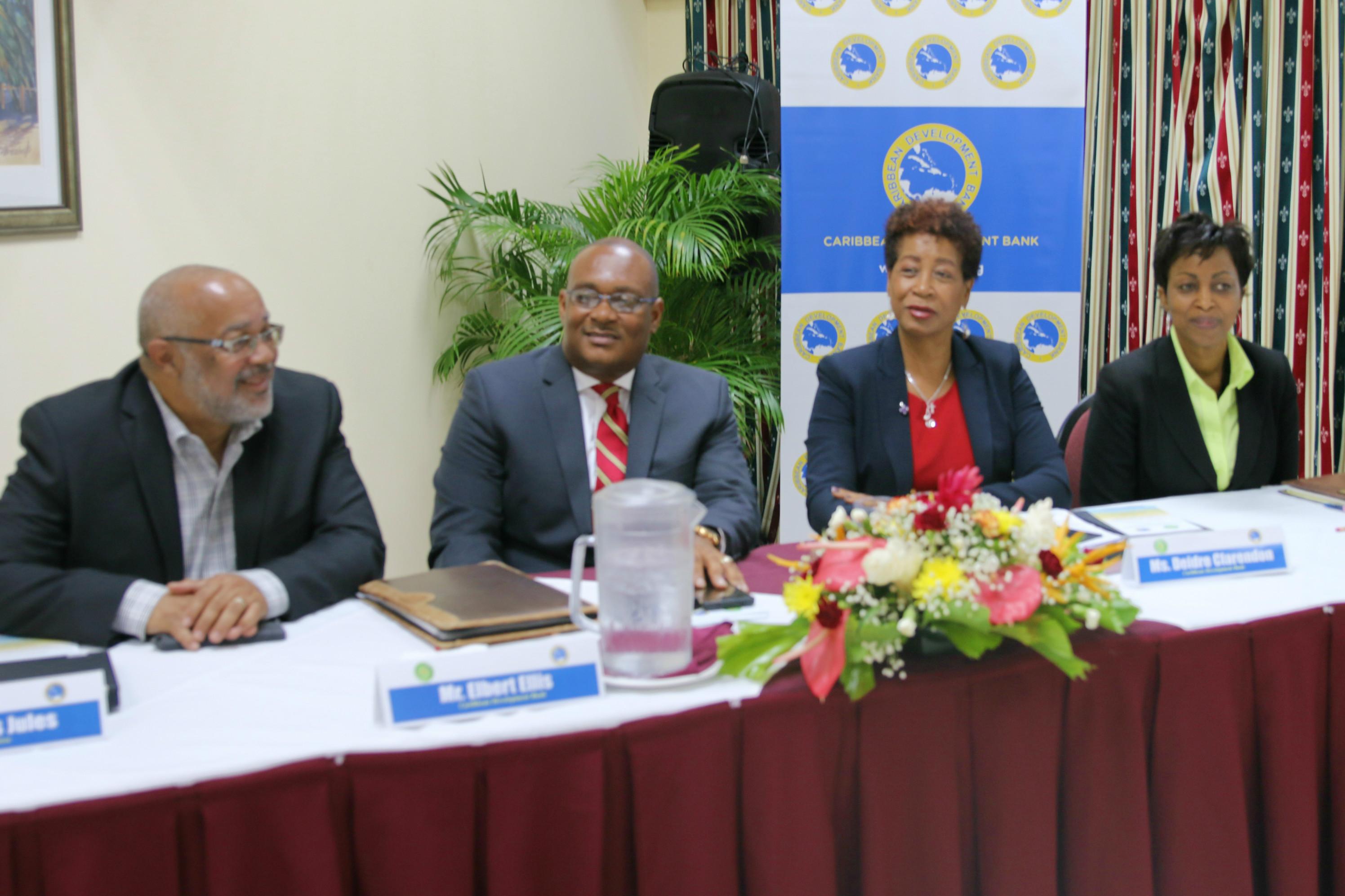 Officials during the launch of the Enhanced Country Poverty Assessment Programme in Saint Lucia on July 26, 2016. Left to right: Dr. Didacus Jules, Director General, OECS Commission; Elbert Ellis, Operations Officer (Social Analyst), CDB; Deidre Clar