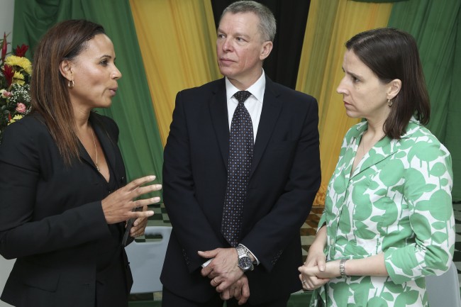 CAPTION: (L-R) CDB Projects Director, Michelle Cross Fenty with Walter Bernyck and Julia Sutherland, representatives of the Governments of Canada and the United Kingdom, respectively, at Jeffrey Town.