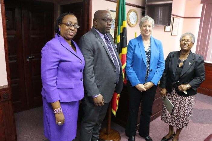 (L-R) Dr. Lois Parkes, Regional Project Manager, Prime Minister Dr. the Honourable Timothy Harris,Project Director Colleen Rossiter, Canada School of Public Service, and Cabinet Secretary Josephine Huggins. (Photo via SKNIS)