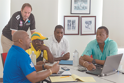 Richard Done of the ICC with participants Courtney Walsh, Steve Liburd, Junior Bennett and Robert Samuels. Photo courtesy: WICB Media