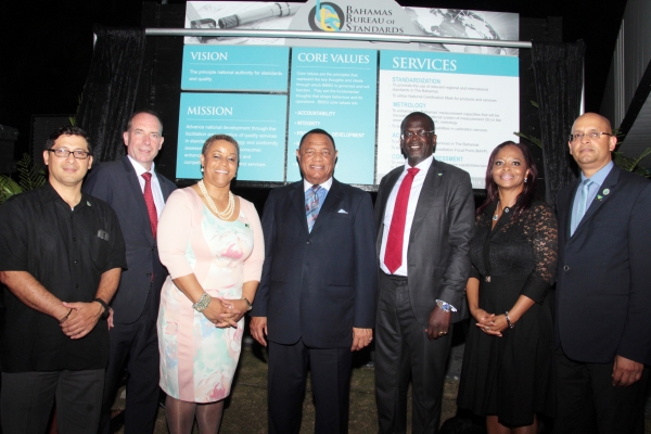 From left: Chairman of CROSQ, Mr. Jose Trejo; ISO Acting Secretary General, Mr. Kevin McKinley; Minister of Financial Services and Local Government, Mrs. Hope Strachan; Prime Minister Mr. Perry Christie; Minister of Trade, Montserrat, Mr. Claude Grah