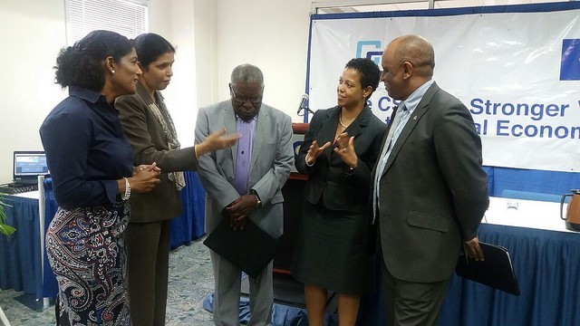 (From left) Barbados Labour Minister Dr. Esther Byer Suckoo; CARICOM Deputy Secretary-General Ambassador Manorma Soeknandan; Barbados Ambassador to CARICOM Robert Morris; Ms Gladys Young, CARICOM Secretariat; EU Representative Stephen Boyce