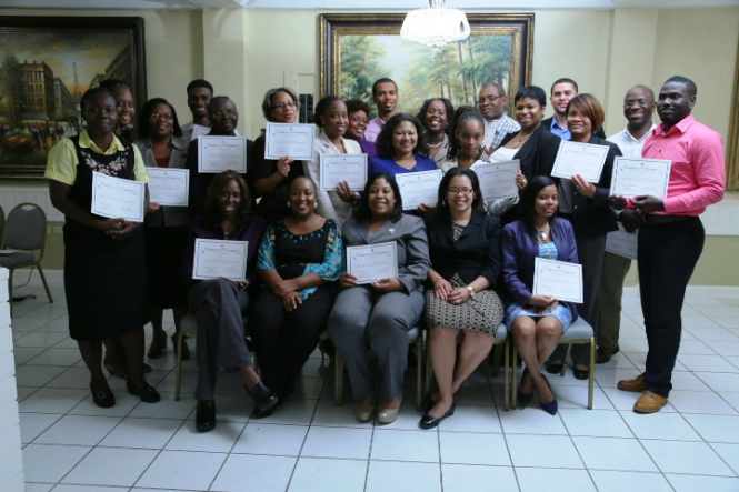 CSME Spokespersons pose with Project Team Leader, Gillian Scott (seated second left) and CTCP regional Coordinator , Wanya Iles (second right)
