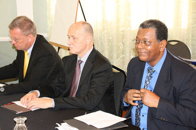 (L-R) Amb. Robert Kopecky, Head of the Delegation of the European Union to Guyana, Suriname, Trinidad and Tobago and the Dutch OCTs and Mr. Angel Diez, Managing Director, Equinoccio, Compania de Comercio Exterior and Mr. Eugene Petty, Director, Devel