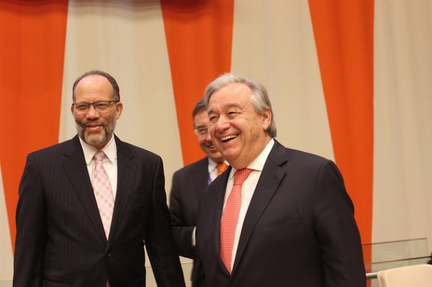 CARICOM Secretary-General Amb. Irwin LaRocque (l) at the CARICOM-UN High Level Conference with the UN Secretary General Antonio Guterres (r) and Head of UNDP Achim Steiner