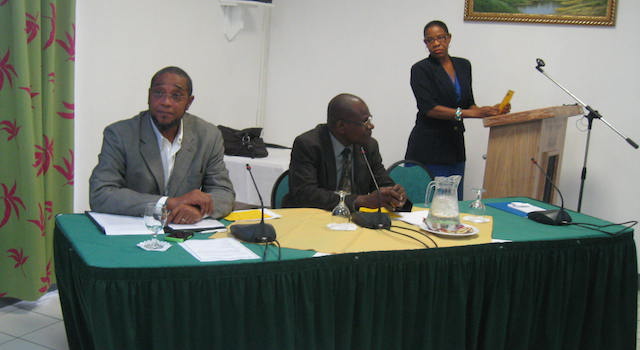 Stakeholders have begun dialogue on a new consumer warning system. L-r Permanent Secretary in the Ministry of Trade Ambassador Collin Murdoch, Deputy Programme Manager with the (CSME) Unit, Philip McClauren and Director of the Prices and Consumer Aff