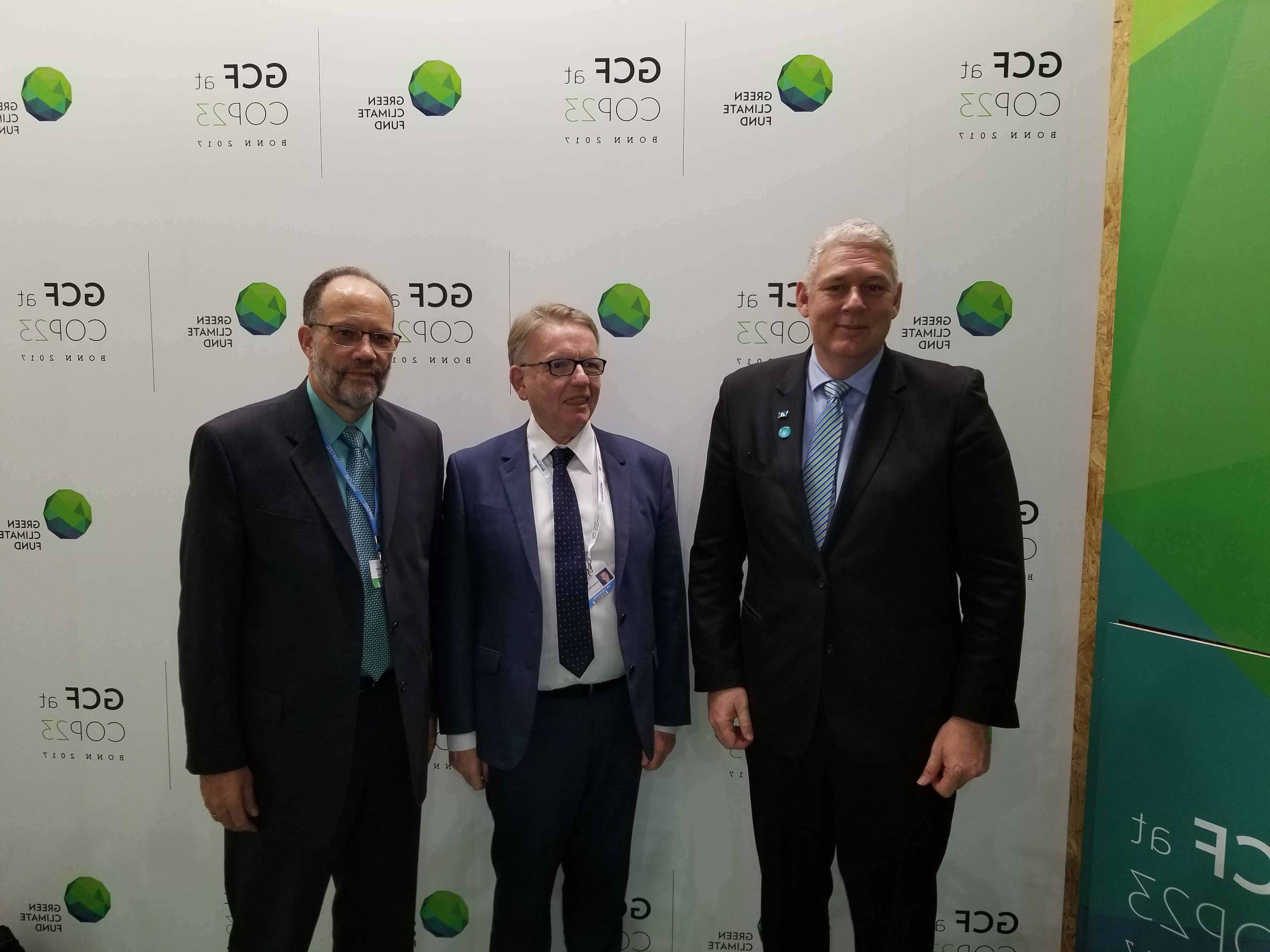 (l-r) CARICOM Secretary-General Ambassador Irwin LaRocque; Executive Director of the Green Climate Fund Howard Bamsey; Saint Lucia's Prime Minister Allen Chastanet