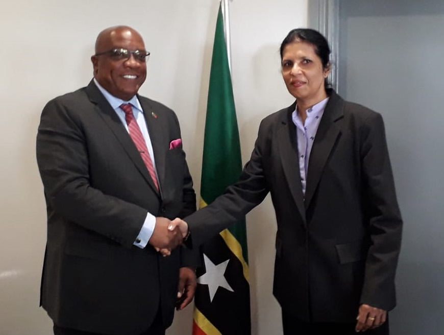 Prime Minister Dr Timothy Harris greets CARICOM Deputy Secretary-General Ambassador Manorma Soeknandan