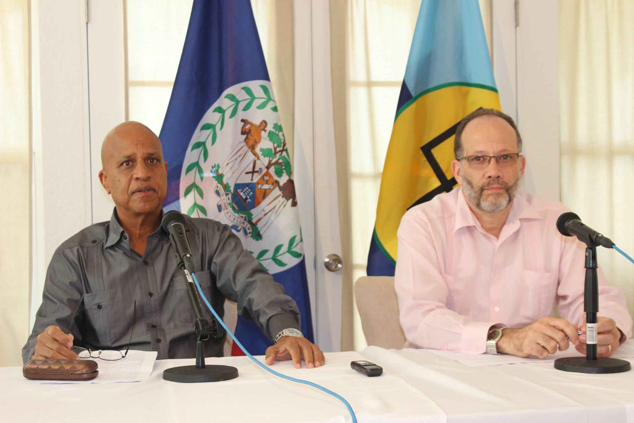 CARICOM Chairman, Prime Minister of Belize, Dean Barrow (left) and Secretary-General Ambassador Irwin LaRocque (right) hosting the Closing Press Conference for the CARICOM Heads of Government Inter-sessional Meeting, in Belize, Wednesday.
