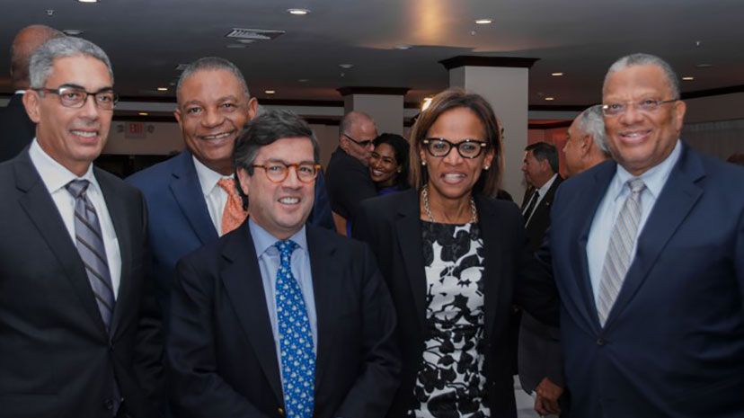Finance and Planning Minister, Dr. the Peter Phillips (right); Minister with Responsibility for the Public Service, Ministry of Finance and Planning, Hon. Horace Dalley (2nd left); and Co-Chair, Economic Programme Oversight Committee (EPOC), Richard