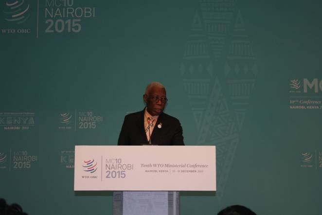 Jamaica&rsquo;s Minister Of Foreign Affairs and Foreign Trade, Senator A.J. Nicholson, Q.C., addresses the plenary session of the Tenth World Trade Organisation Ministerial Conference, Nairobi, Kenya, on behalf of the Caribbean Community, 16th Decemb