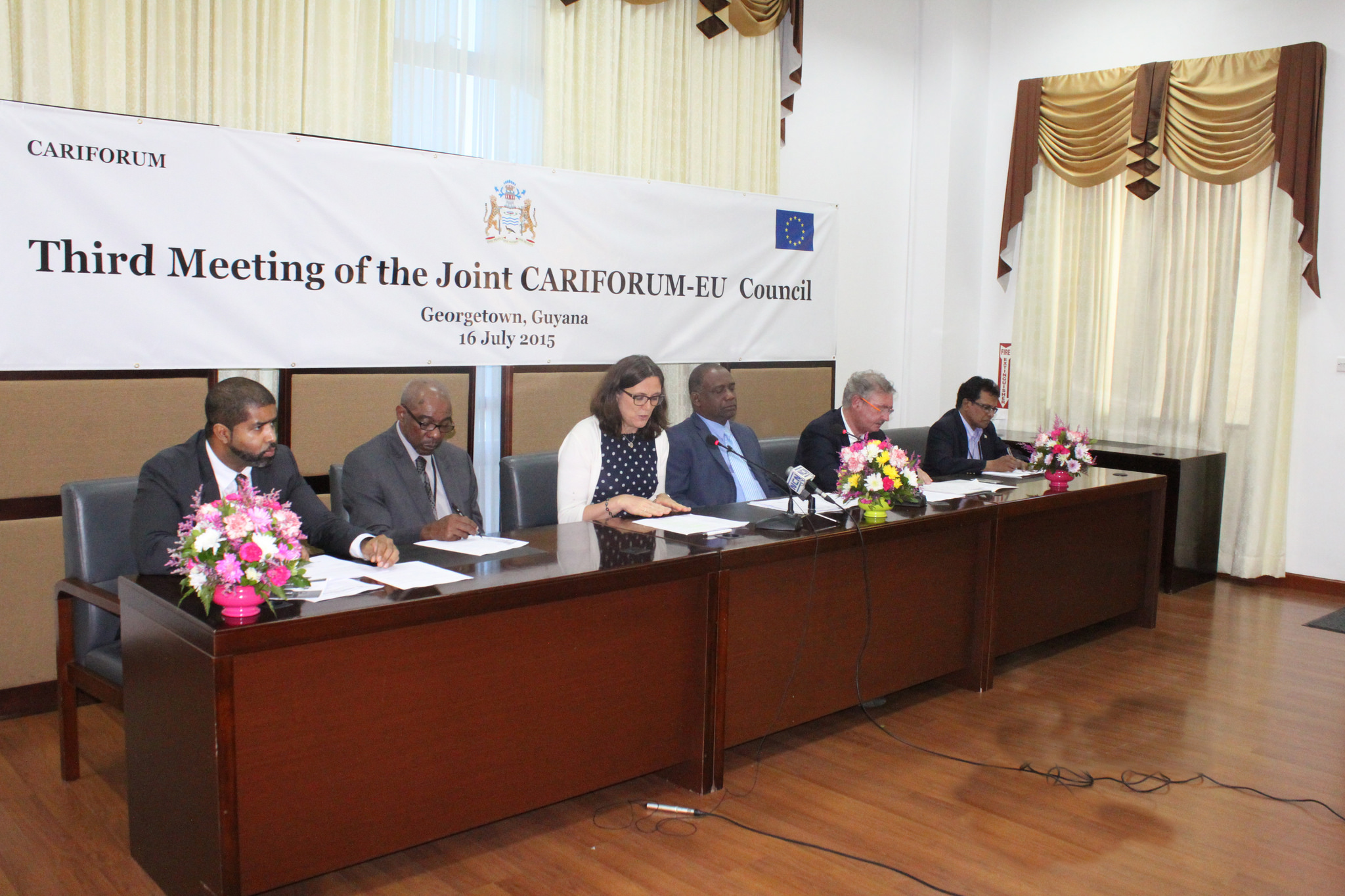 L-R Nand Bardouille, Trade Information Specialist Economic Partnership Agreement (EPA) Implementation Unit | CARIFORUM Directorate of the   Caribbean Community (CARICOM) Secretariat, Pervical Marie  Director-General, CARIFORUM,  Mrs. Cecilia Malmstr&