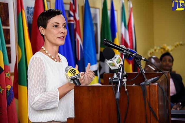 Minister of Foreign Affairs and Foreign Trade of Jamaica, Senator the Hon. Kamina Johnson Smith addresses the press briefing (Photo via JIS)