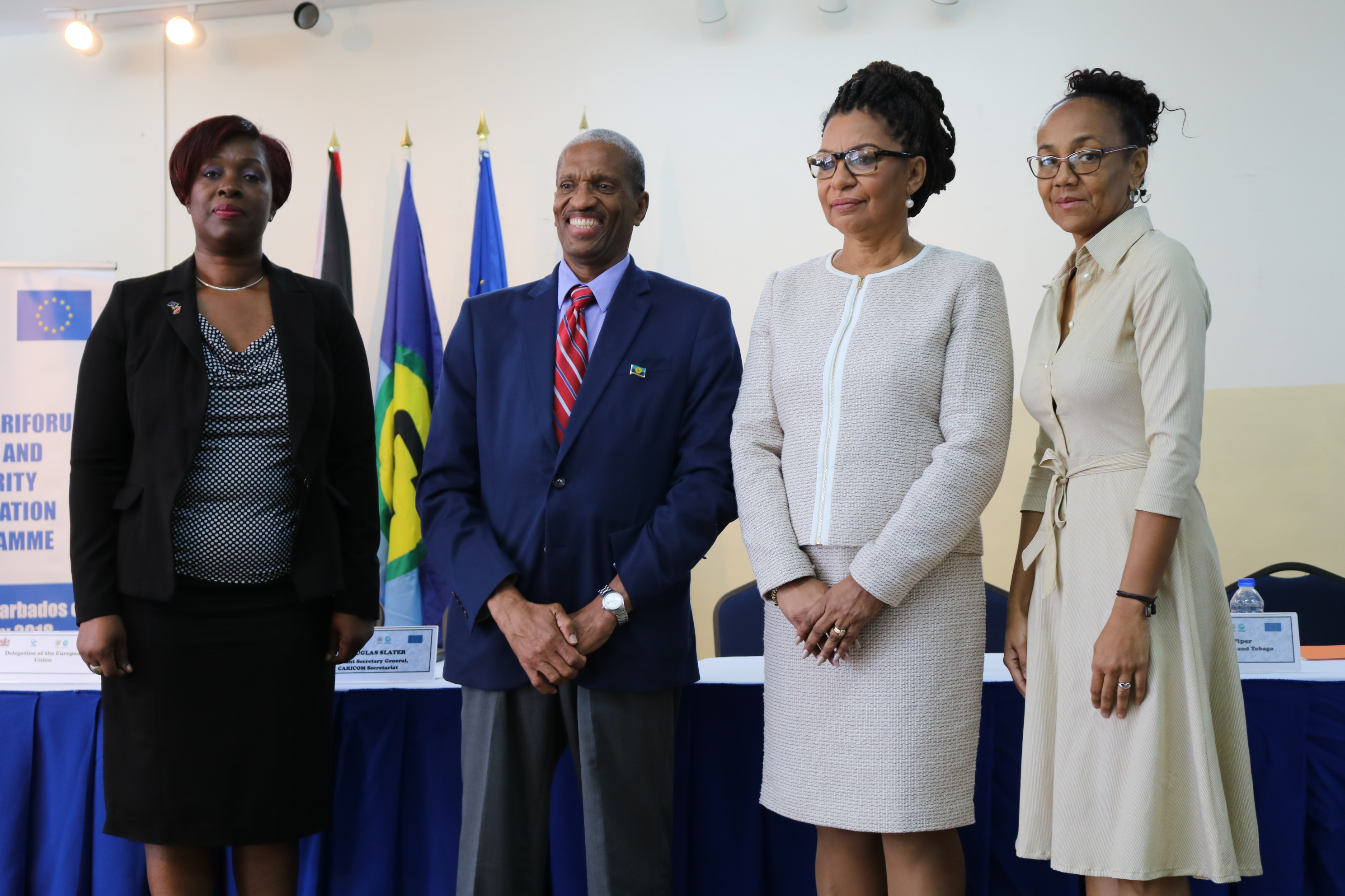 Remarks were delivered by: 1.	L-r Ms. Monica Paul-Mclean (Delegation of the European Union); Dr. Douglas Slater, CARICOM Secretariat Assistant Secretary General, Hon. Glenda Jennings Smith, Parliamentary Secretary, Ministry of Nation Security and Ms.
