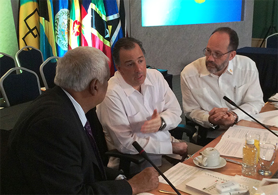 Secretary General of the Caribbean Community Ambassador Irwin LaRocque, Mexican Foreign Minister Jose Antonio Meade and Trinidad Foreign Minister of Trinidad and Tobago and co-chair Honorable Winston Dookeran discuss the format for the morning's