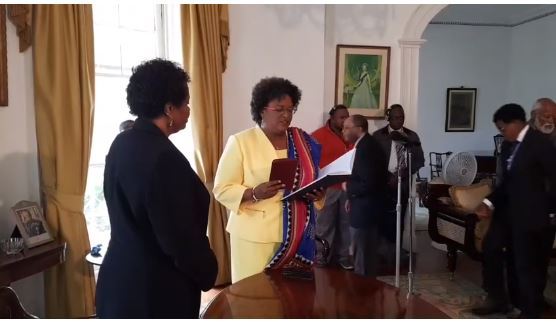 New Barbados Prime Minister Ms Mia Mottley takes the oath of office