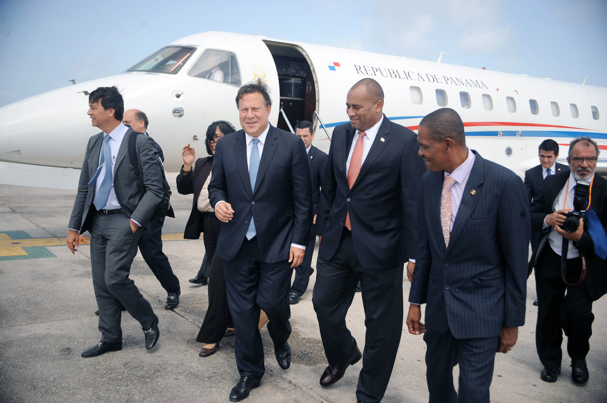 Panama&rsquo;s President Juan Carlos Varela being welcomed by Barbados Government officials on his arrival Friday for the CARICOM Heads of Government meeting.