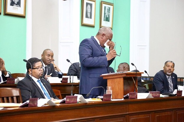 Prime Minister Dr.Hubert Minnis wipes away tears in the House of Assembly. (Photo via Terrel W Carey/Tribune staff)