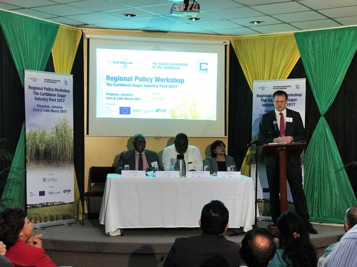 At the policy workshop, from left are Mr. Karl James, Chairman Sugar Association of the Caribbean, Mr. Donovan Stanberry, Permanent Secretary in the Ministry of Industry, Commerce, Agriculture and Fisheries, Ms. Nisa Surujbally, Programme Manager, Ag