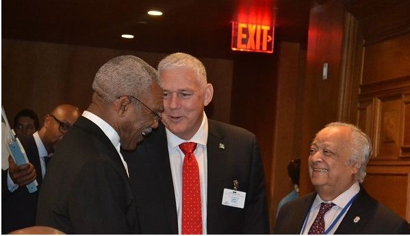 President David Granger, Saint Lucia&rsquo;s Prime Minister, Mr. Allen Chastanet and veteran Guyanese diplomat, Sir Shridath Ramphal sharing a light moment. (Photo via Ministry of the Presidency)