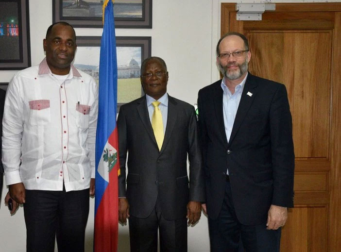 (l-r) CARICOM Chairman, Prime Minister of Dominica, Hon. Roosevelt Skerrit; Haiti&rsquo;s interim President Jocelerme Privert; CARICOM Secretary-General Ambassador Irwin LaRocque in Haiti.