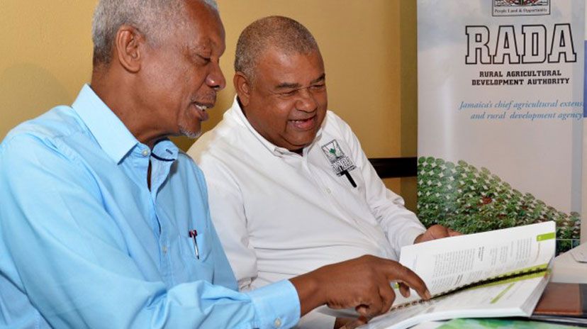Chief Executive Officer, Rural Agricultural Development Authority (RADA), Lenworth Fulton (right), and Food and Agriculture Organization of the United Nations (FAO) representative in Jamaica, Dr. Jerome Thomas, look through a copy of the &lsquo;Best