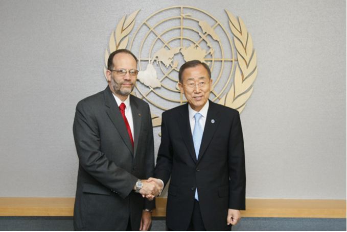 CARICOM Secretary-General Ambassador Irwin LaRocque with UN Secretary-General Ban Ki-moon. (Photo via UN/JC McIlwaine)