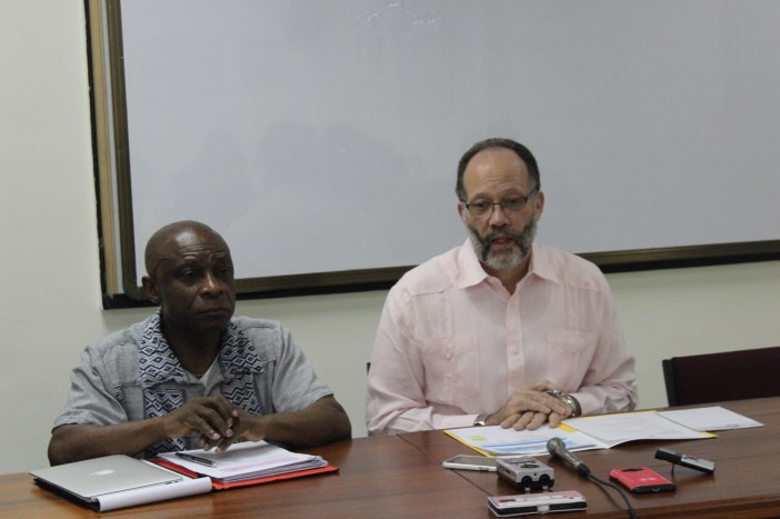 CARICOM Secretary-General Ambassador Irwin LaRocque (r) makes a point at Saturday&rsquo;s Media briefing while Guyana&rsquo;s Foreign Minister Carl Greenidge looks on.