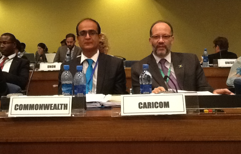 CARICOM Secretary-General Ambassador Irwin LaRocque (r) and Commonwealth Deputy Secretary-General, (Economic and Social Development), Deodat Maharaj, at the opening plenary of the 3rd UN Financing for Development conference, Addis Ababa, Ethiopia, Mo