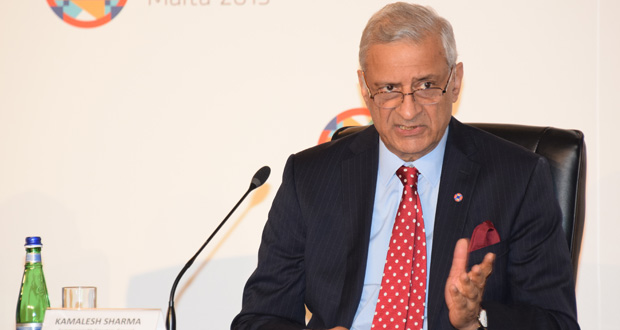 Commonwealth Secretary-General Kamalesh Sharma speaks during a press conference on Saturday in Malta.