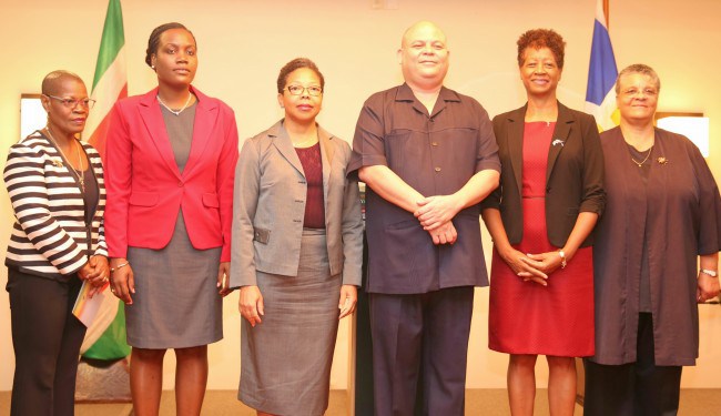 Officials from CDB and the Ministry of Education, Science and Culture, Suriname at the launch of the E-TVET Project. From left to right: Dr. Idamay Denny, Portfolio Manager, CDB; Natasia Bennanon, Permanent Secretary, Ministry of Education, Science a