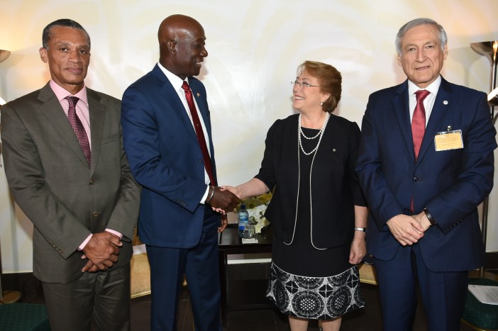 (From left to right) Minister of Foreign and CARICOM Affairs, Senator Dennis Moses, Prime Minister Dr the Honourable Keith Rowley, President of Chile, H.E Michelle Bachelet Jeria and Mr. Heraldo Mu&ntilde;oz Valenzuela, Chilean politician, diplomat a