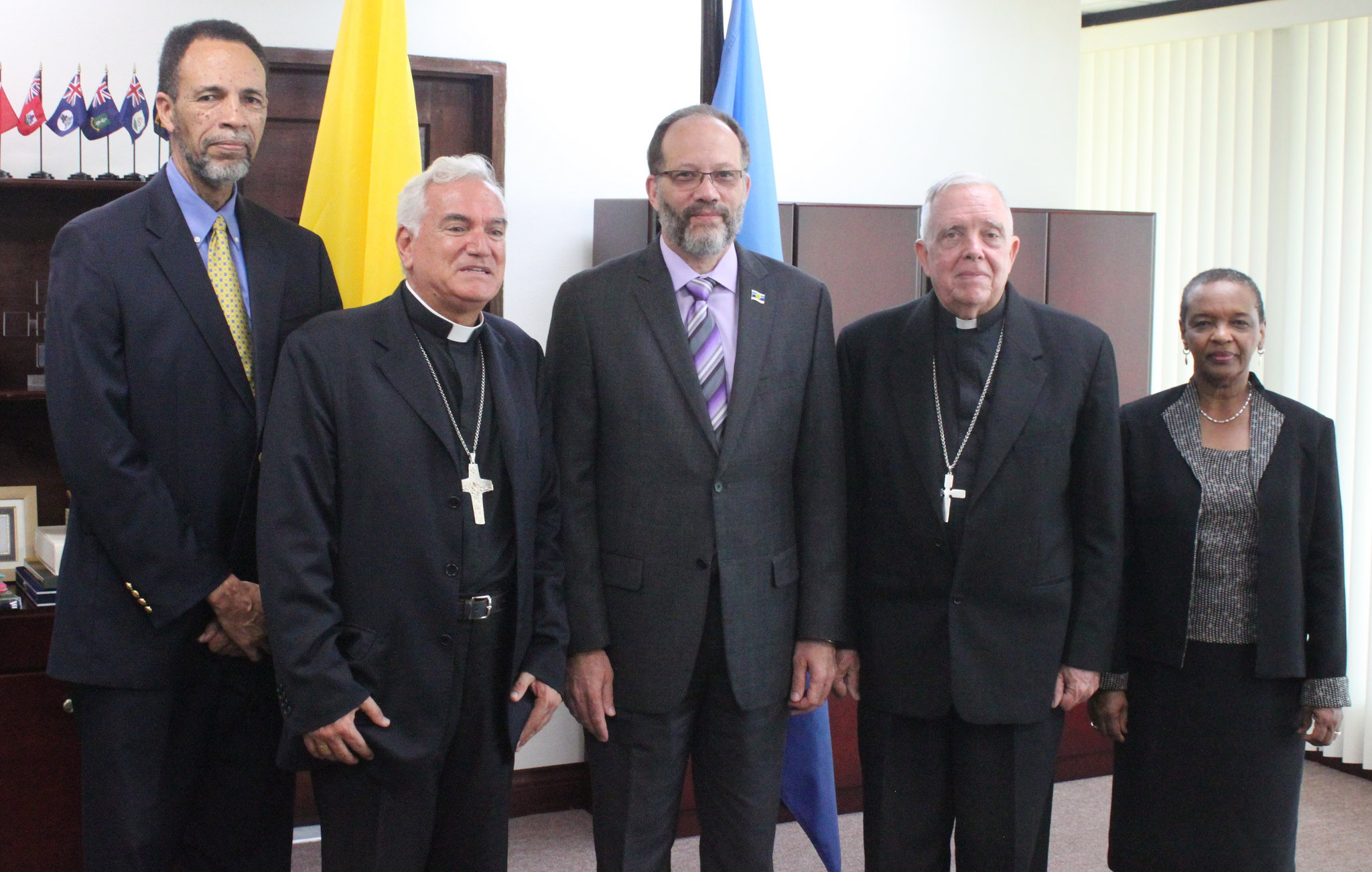 (L-R) Amb. Colin Granderson, ASG, FCR, CCS; H.E. Archbishop Nicola Girasoli, Plenipotentiary of the Holy See-Vatican to CARICOM; Amb. Irwin LaRocque, SG, CARICOM; Monsignor Francis Alleyne, Bishop of G/town; Ms. Myrna Bernard, Dir., HSD, CCS.