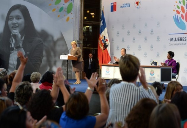 Chilean President Michelle Bachelet during the closing ceremony of the international meeting &ldquo;Women in power and decision-making: Building a different world&rdquo;. On the podium, U.N. Secretary-General Ban Ki-moon and U.N. Women Executive Dire