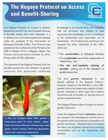 Cover page of CARICOM Secretariat Nagoya Protocol fact sheet on access and benefit-sharing