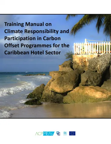 Cover page of CARICOM training manual on climate responsibility and carbon offset programmes for the Caribbean hotel sector, featuring a coastal hotel scene.